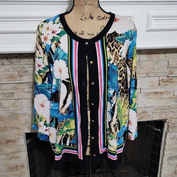 Rafaella floral‎ and striped cardigan sweater plus size 2X - Picture 1 of 7